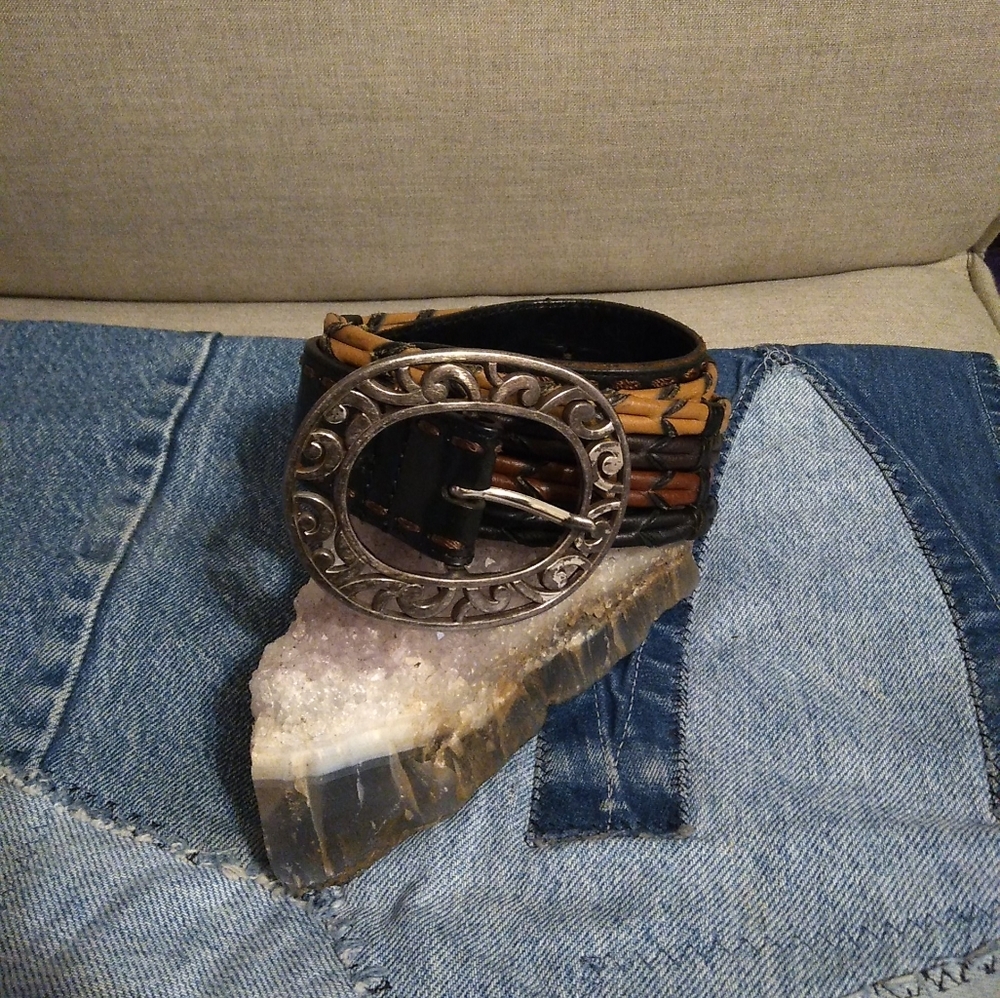 Brighton Multistrand Leather Belt- Tan Brown Black Silver Filigree Buckle sz. 34